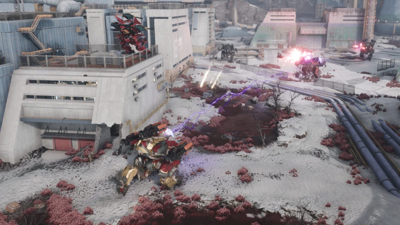 War Robots: Frontiers. Screensgot de uma batalha entre 5 mechas.