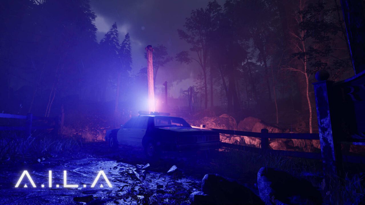 Ambientação externa de A.I.L.A. Um carro de polícia em uma estrada deserta abandonada em meio a árvores, à noite.