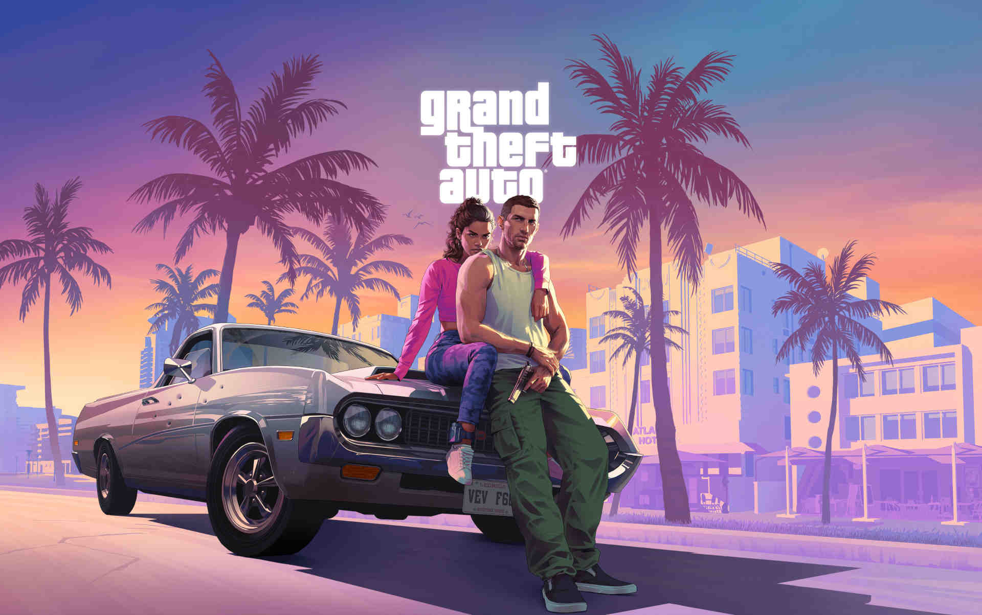 GTA VI - Poster oficial com os dois protagonistas. O jogo foi adiado para 2026