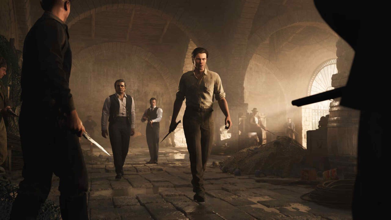 enzo em um confronto com stilettos cercado de mafiosos