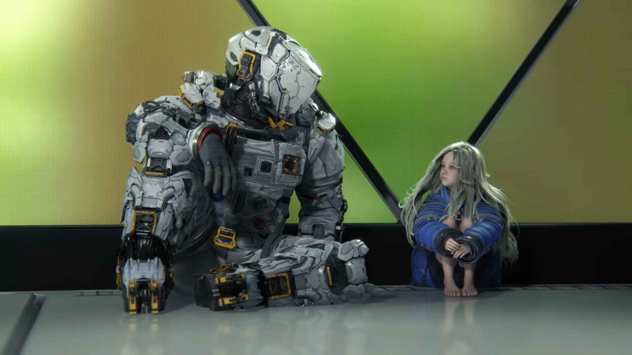 Pragmata - Hugh e Dianda sentados ao lado um do outro entreolhando-se.