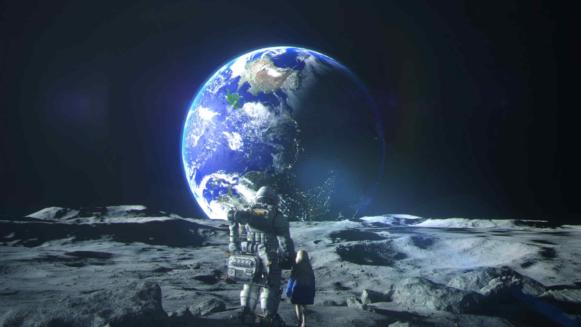 Pragmata - Hugh e Diana de mãos dadas na superfície da Lua olhando para a Terra.