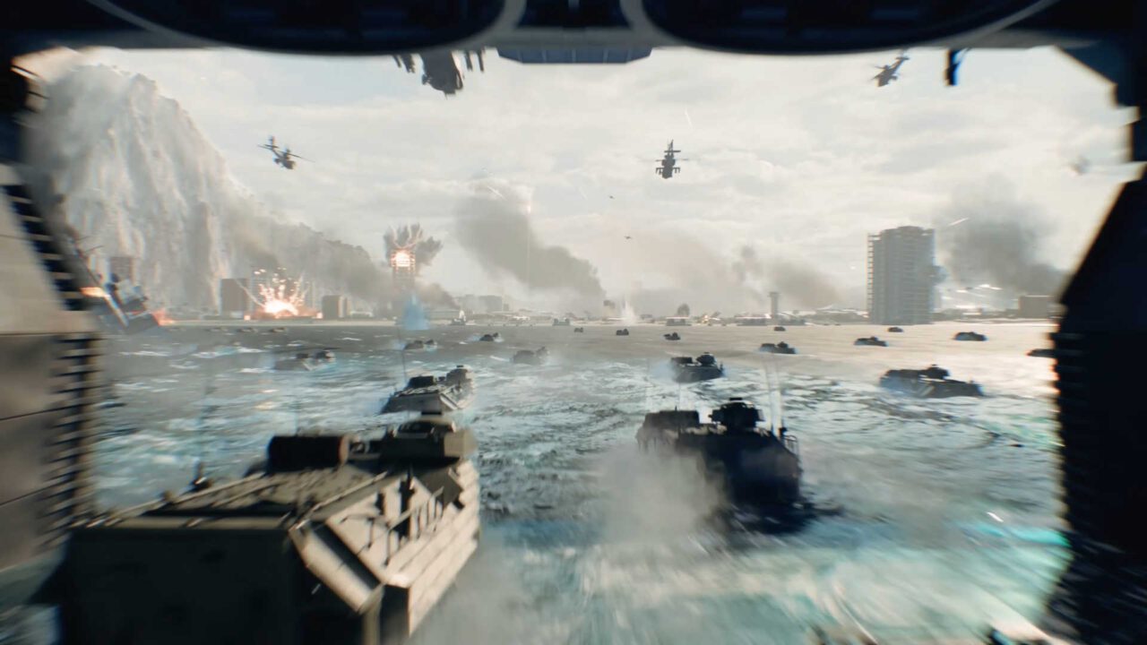 Battlefield 6 - veículos anfíbios e aéreos se aproximando do campo de batalha